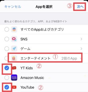エンターテイメントを選び、YouTubeアプリにチェックを入れます。『次へ』をタップします。